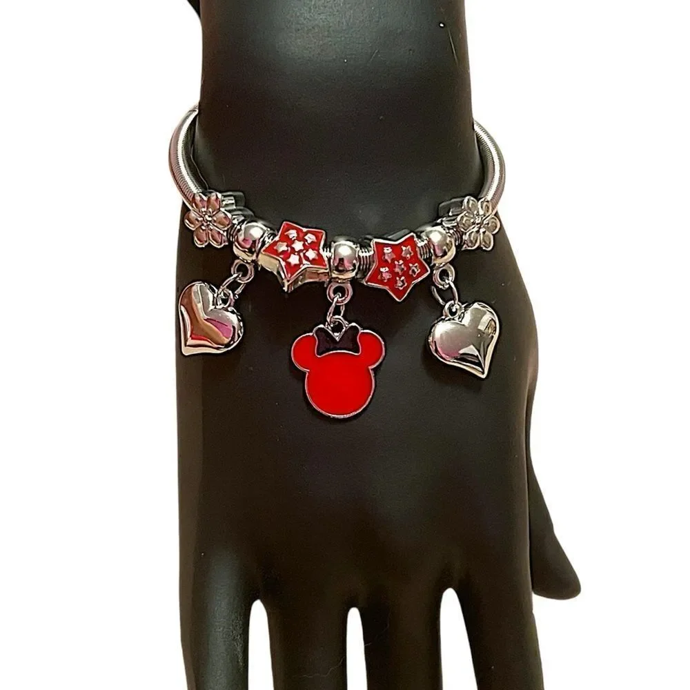 🤯5/$25🤯 Red Minnie Mouse Heart Stretchy Silver Tone Charm Bracelet NWT